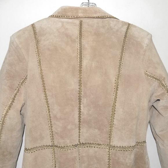 NWT Genuine suede leather coat Tan XL Gold stitches Brown Full-length Lined New - Picture 6 of 7